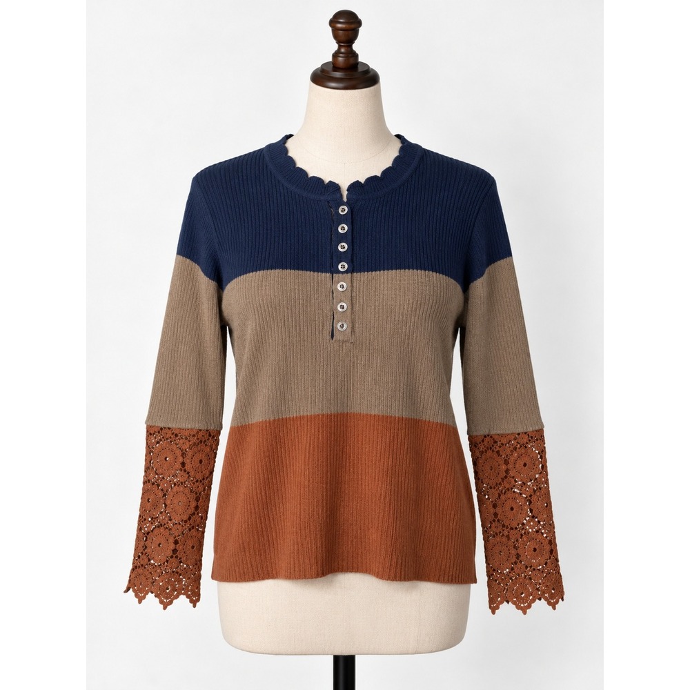 Boutique Long Sleeve Henley Tee Top with Crochet Lace Sleeves L Boho